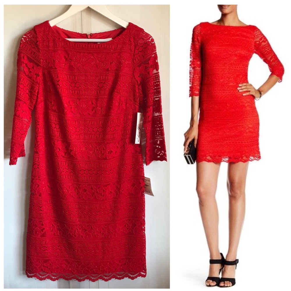 NWT ELIZA J. Red Lace Sheath Cocktail Dress